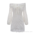 Women Puff Sleeve Shoulder Off Lace Embroidery Dress